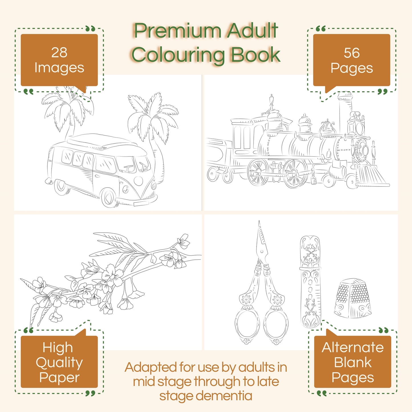 Libro para colorear premium para adultos, diseñado para el cuidado de la demencia.